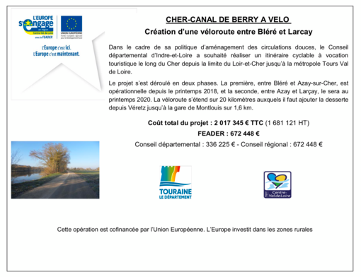 CHER-CANAL DE BERRY à vélo - Création d'une véloroute entre Bléré et Larçay